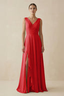 V - Neck A - Line Chiffon Ruffled Bridesmaid Dress in Ruby Red - SHE IS ME Bridesmaid Dresses