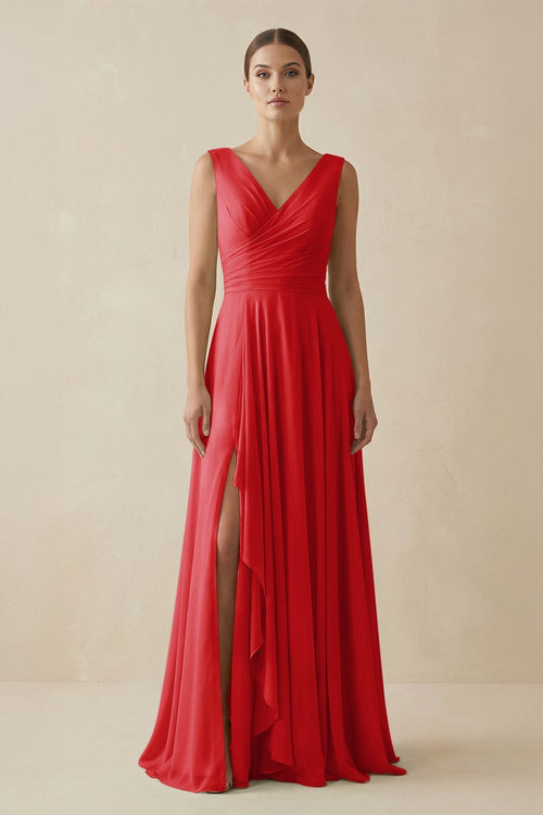 V - Neck A - Line Chiffon Ruffled Bridesmaid Dress in Ruby Red - SHE IS ME Bridesmaid Dresses