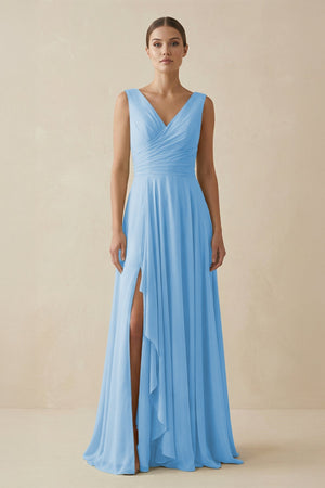 V - Neck A - Line Chiffon Ruffled Bridesmaid Dress in Steel Blue - SHE IS ME Bridesmaid Dresses
