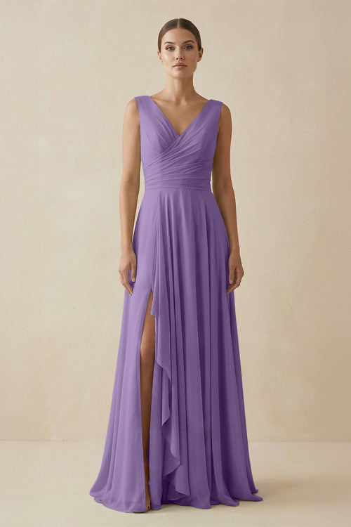 V - Neck A - Line Chiffon Ruffled Bridesmaid Dress in Tahiti - SHE IS ME Bridesmaid Dresses