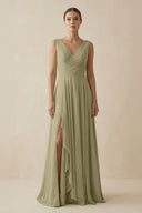 V - Neck A - Line Chiffon Ruffled Bridesmaid Dress in Thyme - SHE IS ME Bridesmaid Dresses