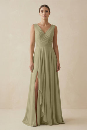 V - Neck A - Line Chiffon Ruffled Bridesmaid Dress in Thyme - SHE IS ME Bridesmaid Dresses