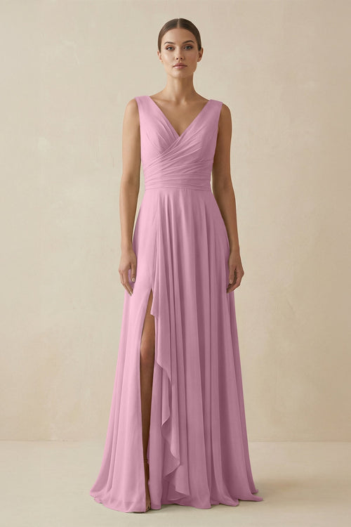 V - Neck A - Line Chiffon Ruffled Bridesmaid Dress in Vintage Mauve - SHE IS ME Bridesmaid Dresses