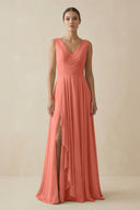 V - Neck A - Line Chiffon Ruffled Bridesmaid Dress in Wild Rose - SHE IS ME Bridesmaid Dresses