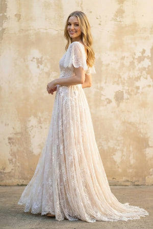 V Neck A Line Lace Wedding Dress in White and Nude - SHE IS ME Wedding Dresses