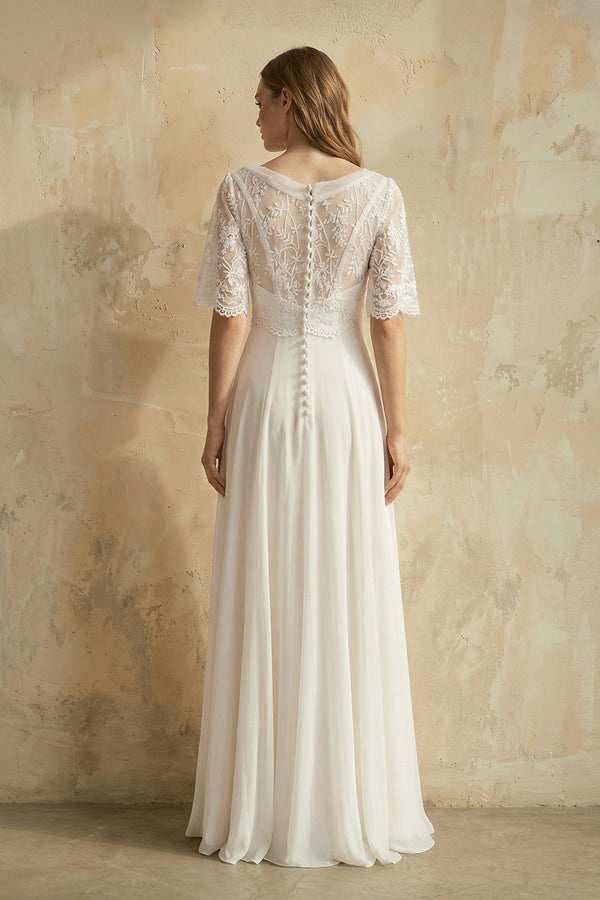 V Neck A Line Short Sleeves Chiffon Wedding Dress in Ivory - SHE IS ME Wedding Dresses