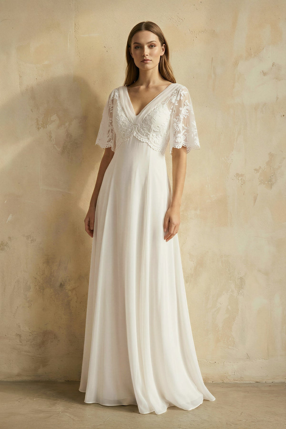 V Neck A Line Short Sleeves Chiffon Wedding Dress in Ivory - SHE IS ME Wedding Dresses