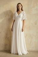V Neck A Line Short Sleeves Chiffon Wedding Dress in Ivory - SHE IS ME Wedding Dresses
