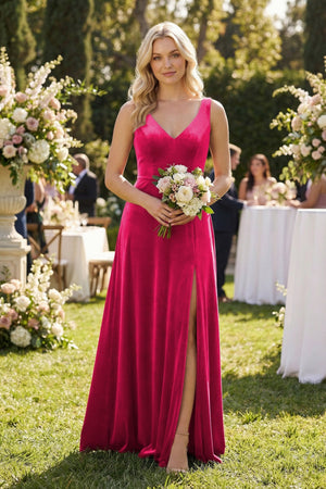 V - Neck A - Line Velvet Bridesmaid Dress in Fuchsia - SHE IS ME Bridesmaid Dresses