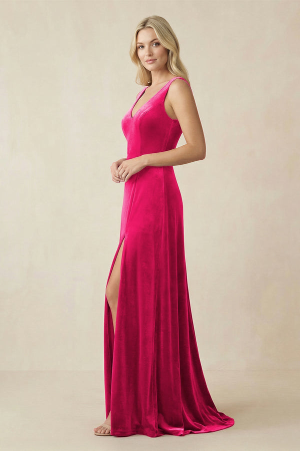 V - Neck A - Line Velvet Bridesmaid Dress in Fuchsia - SHE IS ME Bridesmaid Dresses