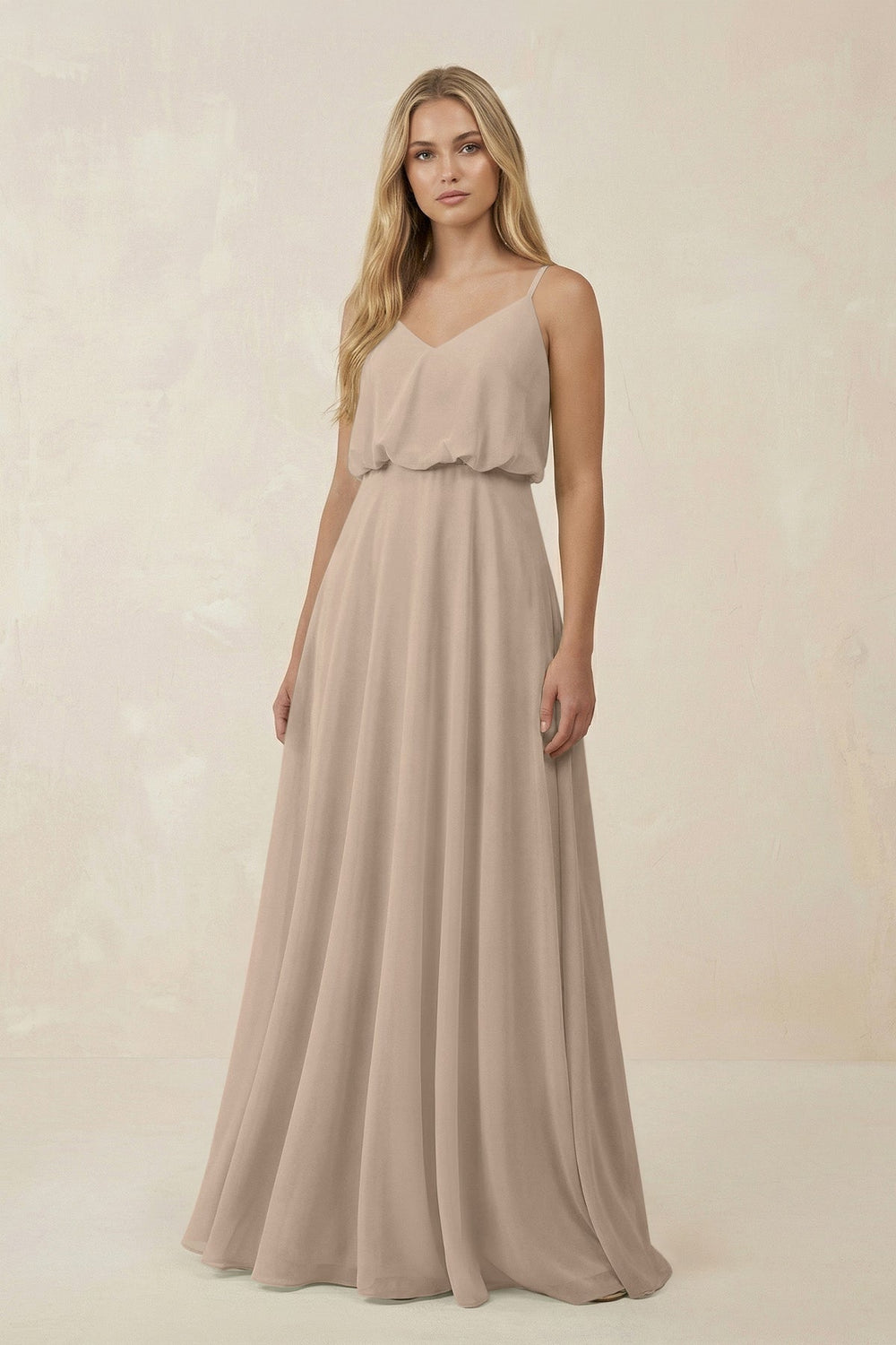 V - Neck Blouson A - Line Chiffon Bridesmaid Dress in Almond - SHE IS ME Bridesmaid Dresses