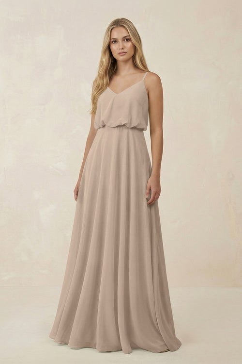 V - Neck Blouson A - Line Chiffon Bridesmaid Dress in Almond - SHE IS ME Bridesmaid Dresses