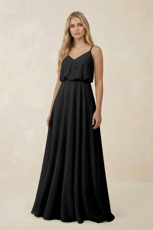 V - Neck Blouson A - Line Chiffon Bridesmaid Dress in Black - SHE IS ME Bridesmaid Dresses