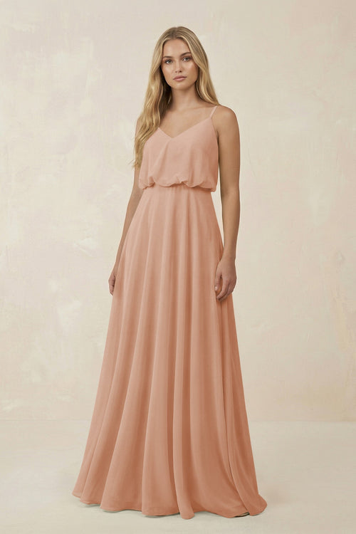 V - Neck Blouson A - Line Chiffon Bridesmaid Dress in Champagne Rose - SHE IS ME Bridesmaid Dresses