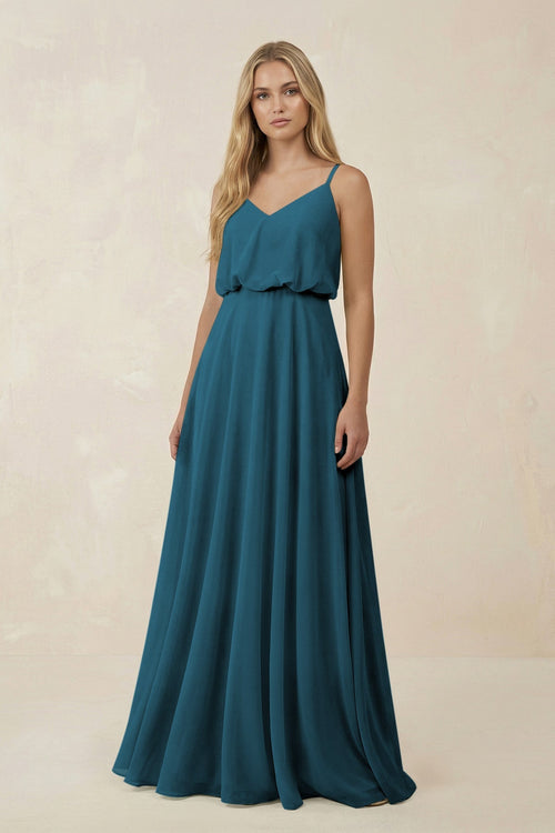 V - Neck Blouson A - Line Chiffon Bridesmaid Dress in Dark Teal - SHE IS ME Bridesmaid Dresses