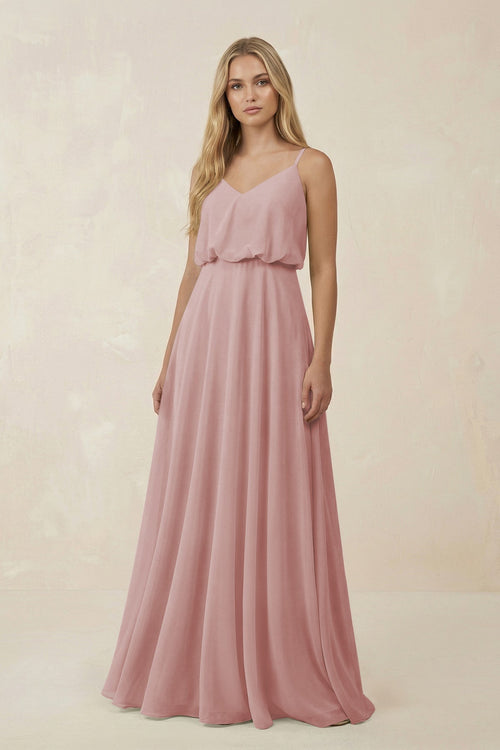 V - Neck Blouson A - Line Chiffon Bridesmaid Dress in Dusty Rose - SHE IS ME Bridesmaid Dresses