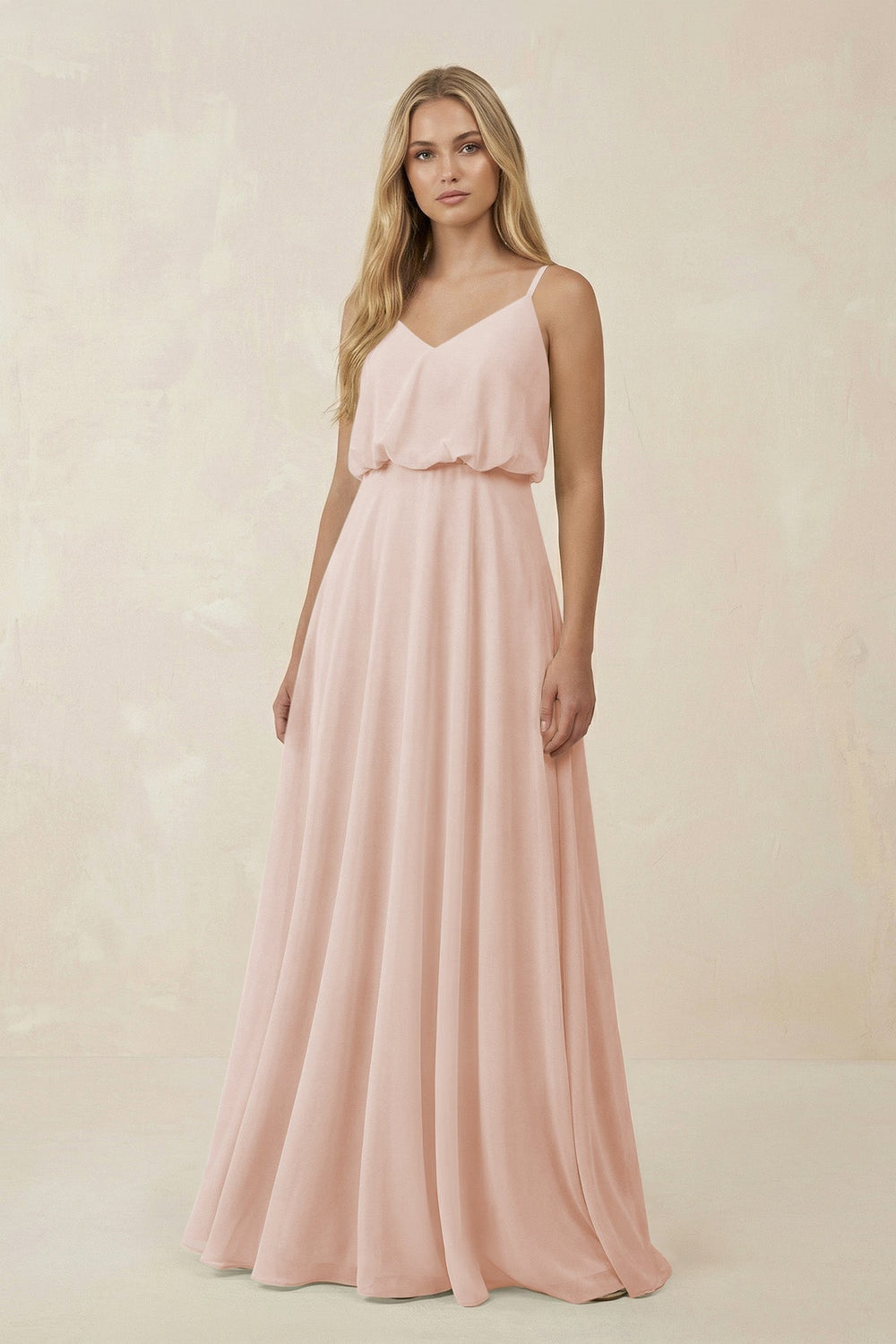 V - Neck Blouson A - Line Chiffon Bridesmaid Dress in Pale Blush - SHE IS ME Bridesmaid Dresses
