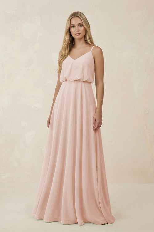 V - Neck Blouson A - Line Chiffon Bridesmaid Dress in Pale Blush - SHE IS ME Bridesmaid Dresses