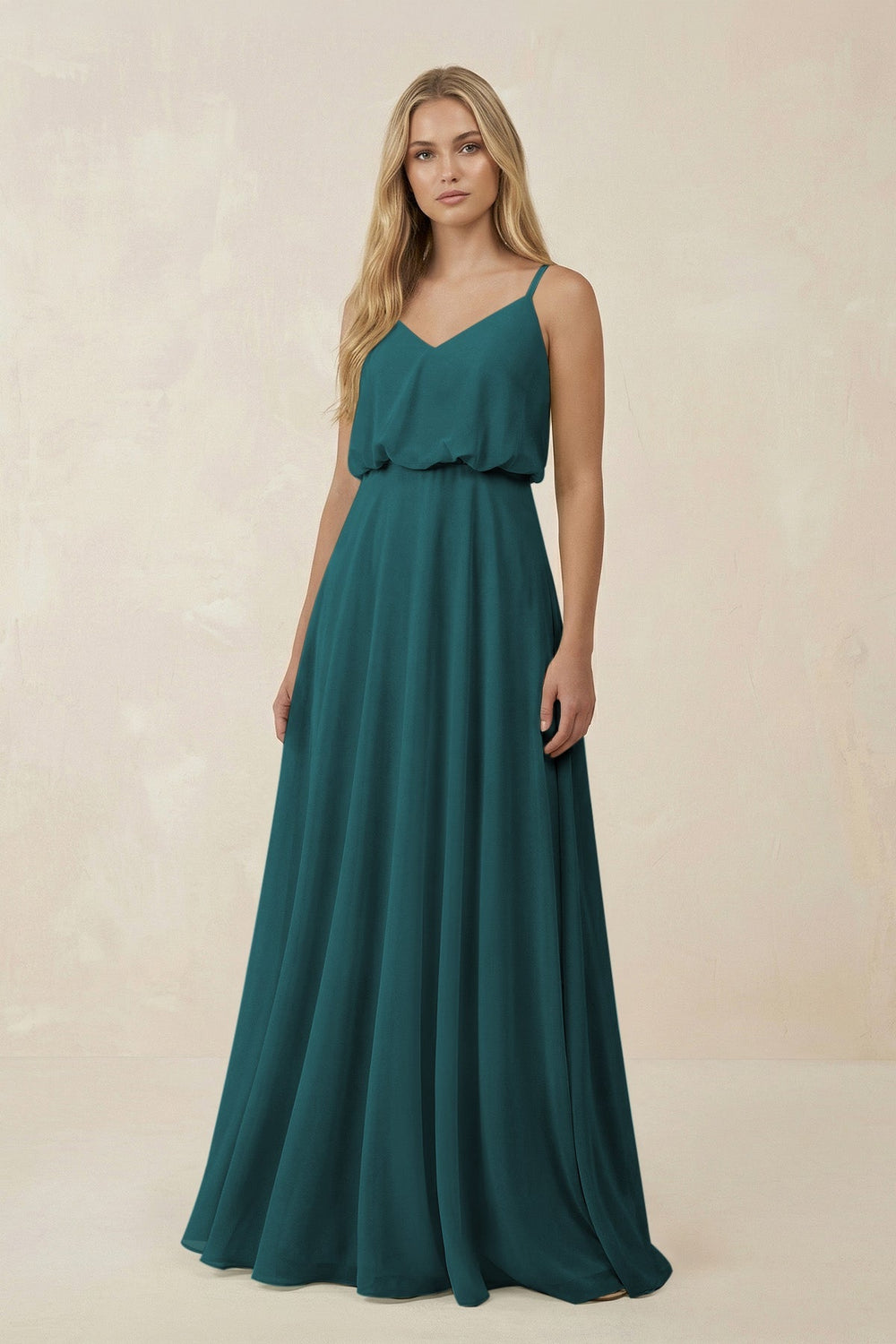 V - Neck Blouson A - Line Chiffon Bridesmaid Dress in Pine - SHE IS ME Bridesmaid Dresses