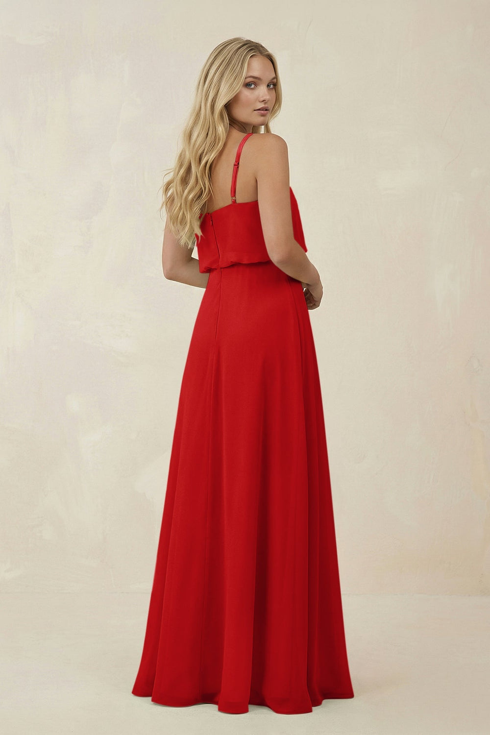 V - Neck Blouson A - Line Chiffon Bridesmaid Dress in Ruby Red - SHE IS ME Bridesmaid Dresses