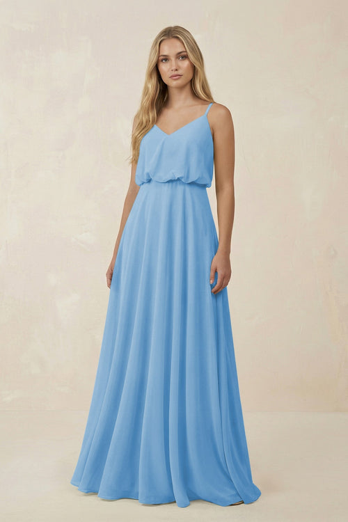 V - Neck Blouson A - Line Chiffon Bridesmaid Dress in Steel Blue - SHE IS ME Bridesmaid Dresses