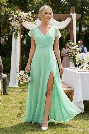 V-Neck Cap Sleeve Chiffon Bridesmaid Dress with Cut-out Back in Pale Pistachio - SHE IS ME BRIDESMAID DRESSES