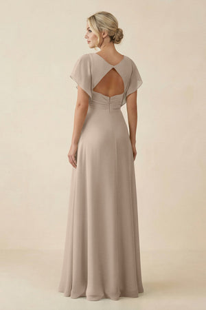V - Neck Cap Sleeve Chiffon Bridesmaid Dress with Cut - out Back in Almond - SHE IS ME Bridesmaid Dresses