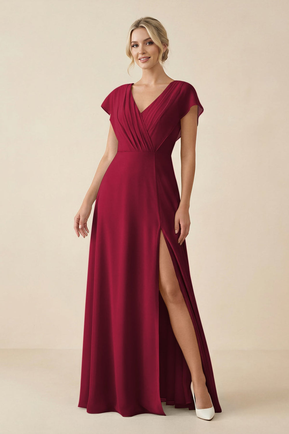 V - Neck Cap Sleeve Chiffon Bridesmaid Dress with Cut - out Back in Berry - SHE IS ME Bridesmaid Dresses