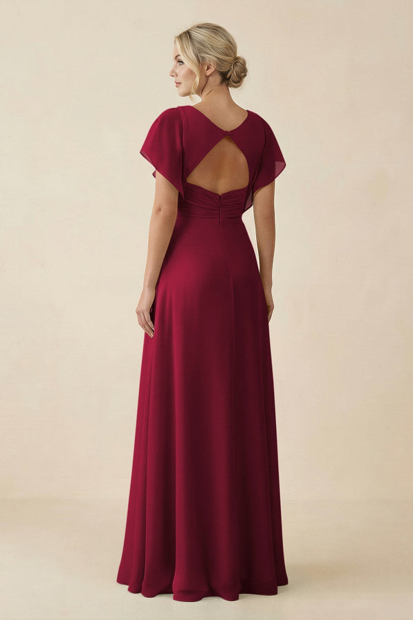 V - Neck Cap Sleeve Chiffon Bridesmaid Dress with Cut - out Back in Berry - SHE IS ME Bridesmaid Dresses