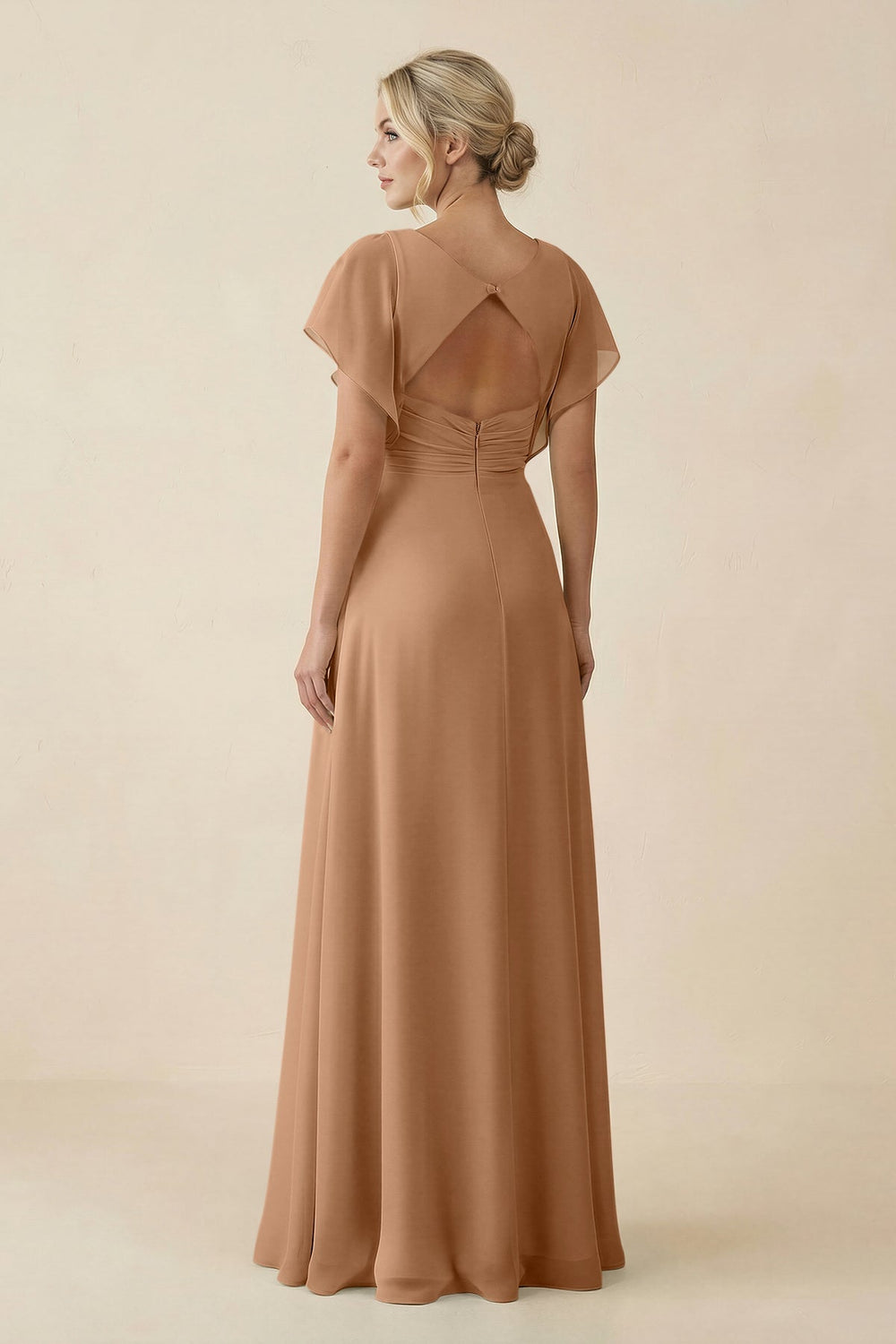 V - Neck Cap Sleeve Chiffon Bridesmaid Dress with Cut - out Back in Bronzer - SHE IS ME Bridesmaid Dresses