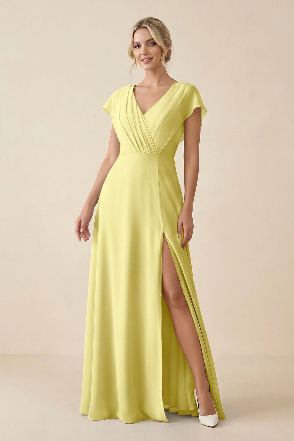 V - Neck Cap Sleeve Chiffon Bridesmaid Dress with Cut - out Back in Buttercup - SHE IS ME Bridesmaid Dresses