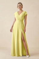 V - Neck Cap Sleeve Chiffon Bridesmaid Dress with Cut - out Back in Buttercup - SHE IS ME Bridesmaid Dresses