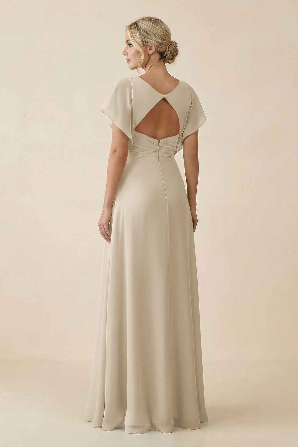 V - Neck Cap Sleeve Chiffon Bridesmaid Dress with Cut - out Back in Champagne - SHE IS ME Bridesmaid Dresses