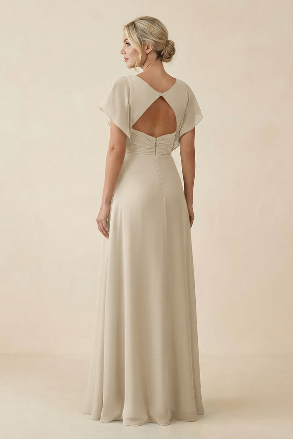 V - Neck Cap Sleeve Chiffon Bridesmaid Dress with Cut - out Back in Champagne - SHE IS ME Bridesmaid Dresses