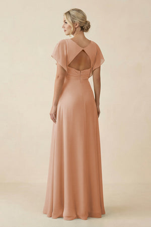 V - Neck Cap Sleeve Chiffon Bridesmaid Dress with Cut - out Back in Champagne Rose - SHE IS ME Bridesmaid Dresses