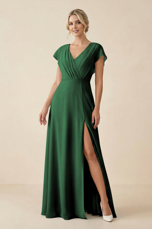V - Neck Cap Sleeve Chiffon Bridesmaid Dress with Cut - out Back in Dark Green - SHE IS ME Bridesmaid Dresses