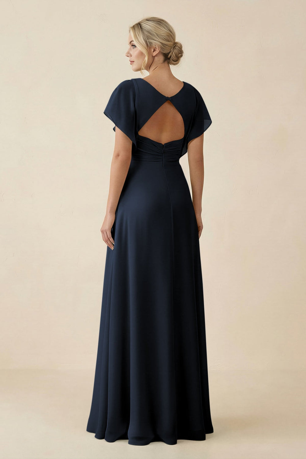 V - Neck Cap Sleeve Chiffon Bridesmaid Dress with Cut - out Back in Dark Navy - SHE IS ME Bridesmaid Dresses