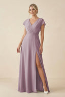 V - Neck Cap Sleeve Chiffon Bridesmaid Dress with Cut - out Back in Dusk - SHE IS ME Bridesmaid Dresses