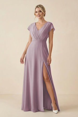 V - Neck Cap Sleeve Chiffon Bridesmaid Dress with Cut - out Back in Dusk - SHE IS ME Bridesmaid Dresses