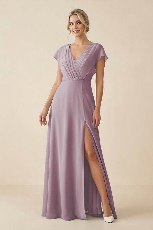 V - Neck Cap Sleeve Chiffon Bridesmaid Dress with Cut - out Back in Dusk - SHE IS ME Bridesmaid Dresses