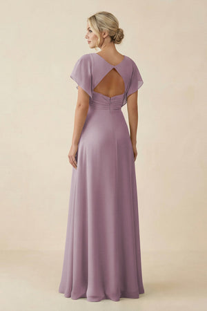 V - Neck Cap Sleeve Chiffon Bridesmaid Dress with Cut - out Back in Dusk - SHE IS ME Bridesmaid Dresses
