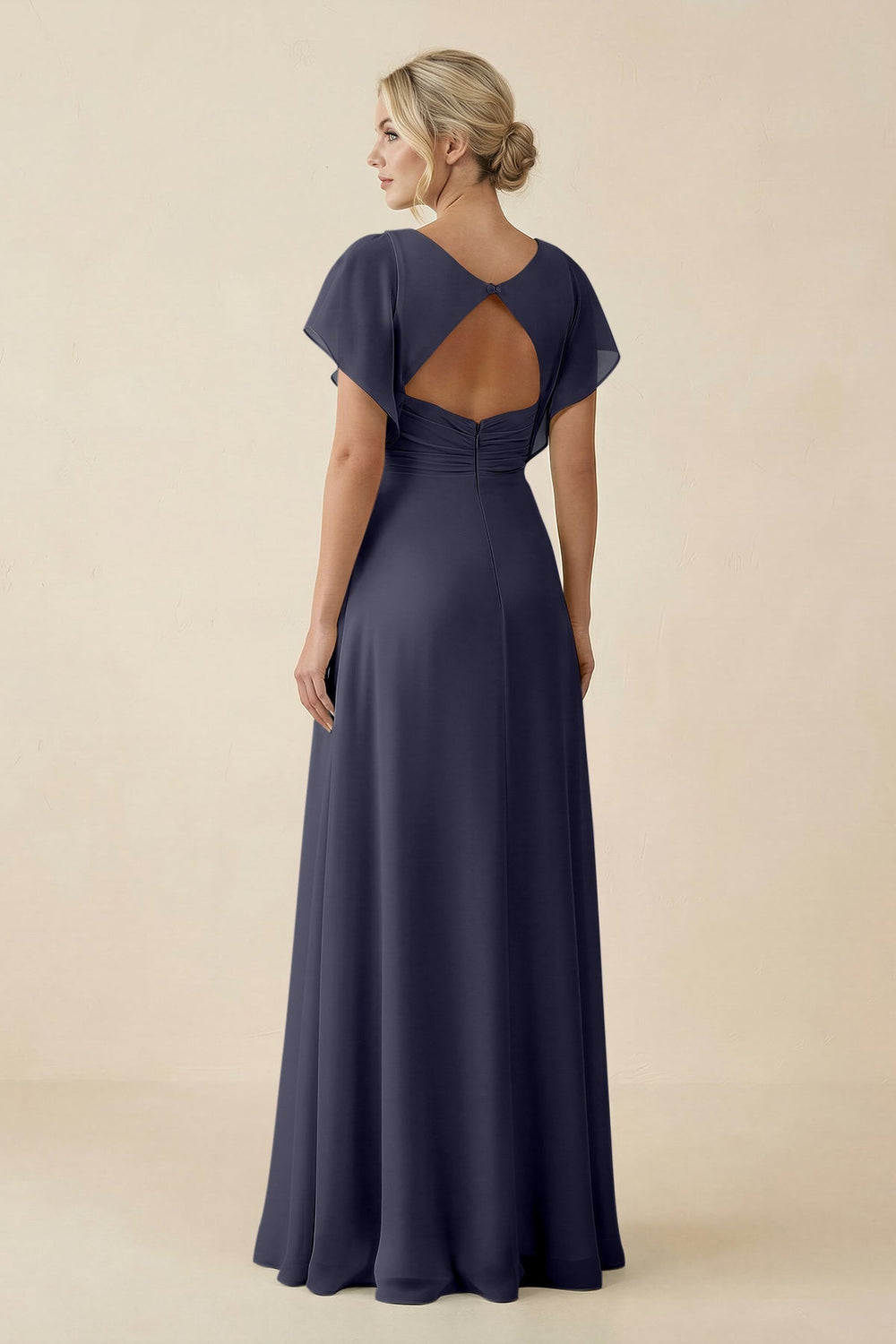 V - Neck Cap Sleeve Chiffon Bridesmaid Dress with Cut - out Back in Dusk Blue - SHE IS ME Bridesmaid Dresses