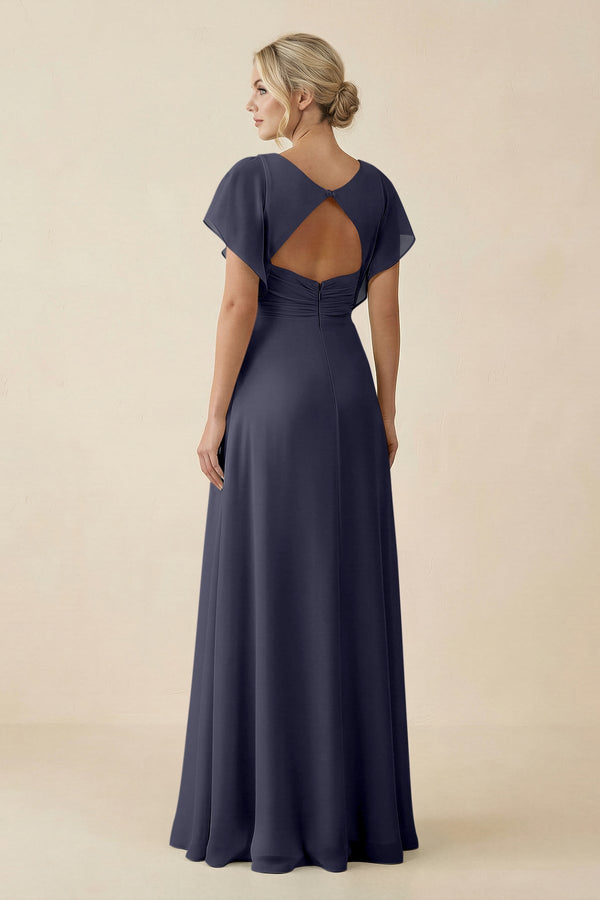 V - Neck Cap Sleeve Chiffon Bridesmaid Dress with Cut - out Back in Dusk Blue - SHE IS ME Bridesmaid Dresses