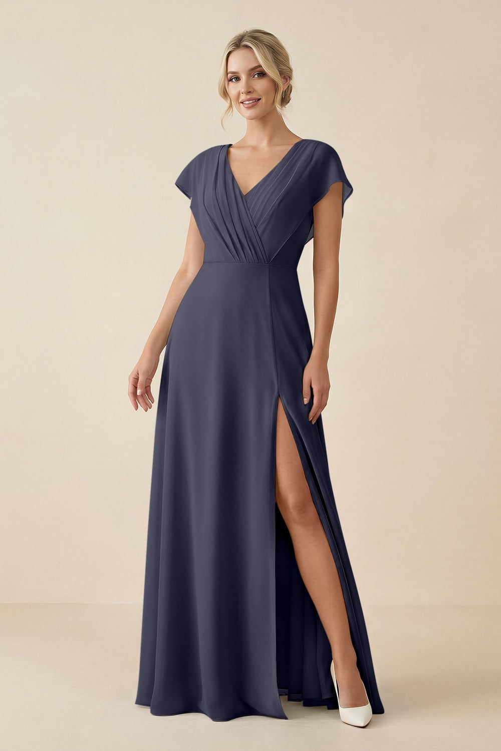 V - Neck Cap Sleeve Chiffon Bridesmaid Dress with Cut - out Back in Dusk Blue - SHE IS ME Bridesmaid Dresses
