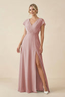 V - Neck Cap Sleeve Chiffon Bridesmaid Dress with Cut - out Back in Dusty Rose - SHE IS ME Bridesmaid Dresses
