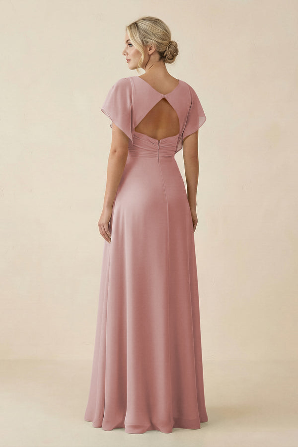 V - Neck Cap Sleeve Chiffon Bridesmaid Dress with Cut - out Back in Dusty Rose - SHE IS ME Bridesmaid Dresses