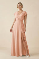 V - Neck Cap Sleeve Chiffon Bridesmaid Dress with Cut - out Back in English Rose - SHE IS ME Bridesmaid Dresses