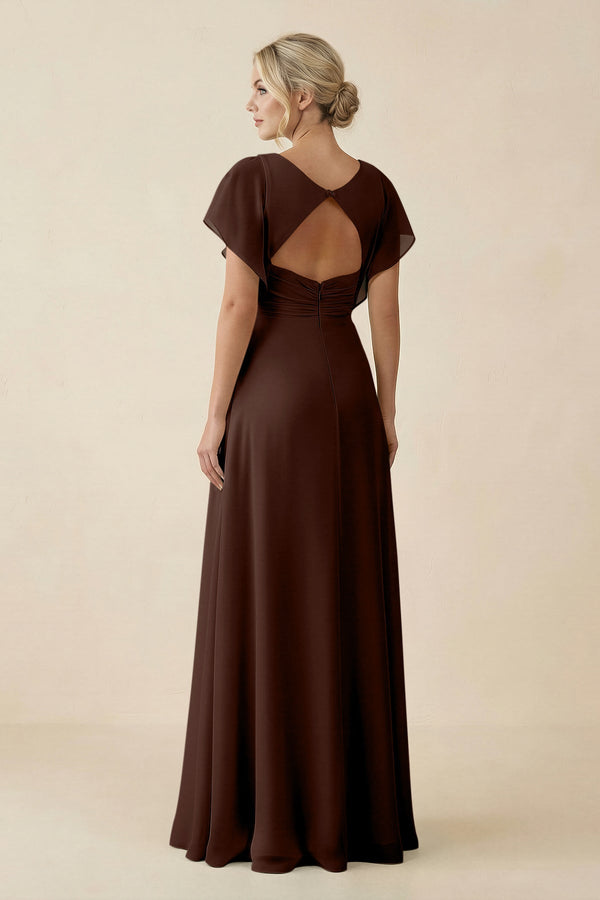 V - Neck Cap Sleeve Chiffon Bridesmaid Dress with Cut - out Back in Espresso - SHE IS ME Bridesmaid Dresses