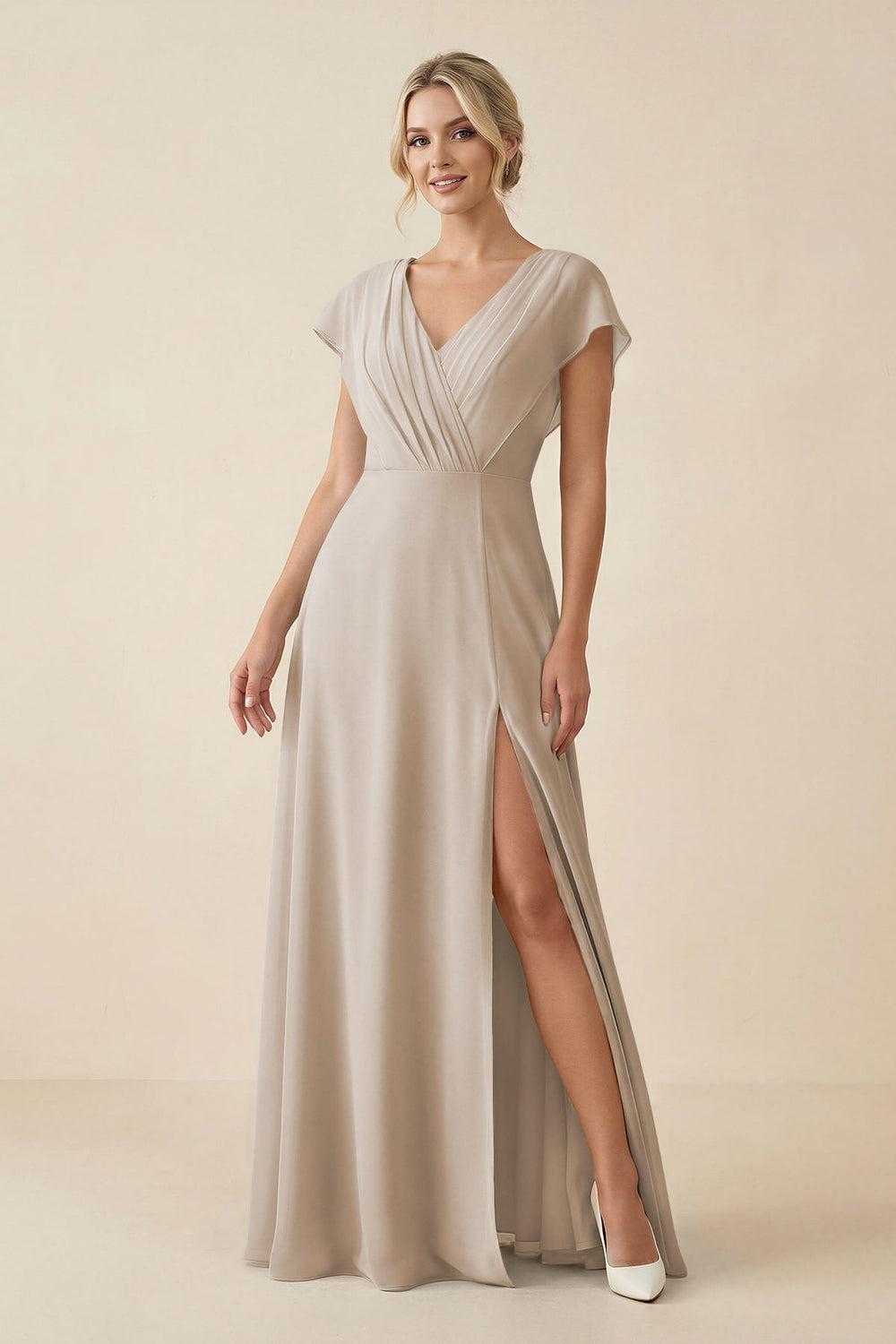 V - Neck Cap Sleeve Chiffon Bridesmaid Dress with Cut - out Back in Frost - SHE IS ME Bridesmaid Dresses