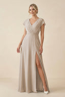 V - Neck Cap Sleeve Chiffon Bridesmaid Dress with Cut - out Back in Frost - SHE IS ME Bridesmaid Dresses